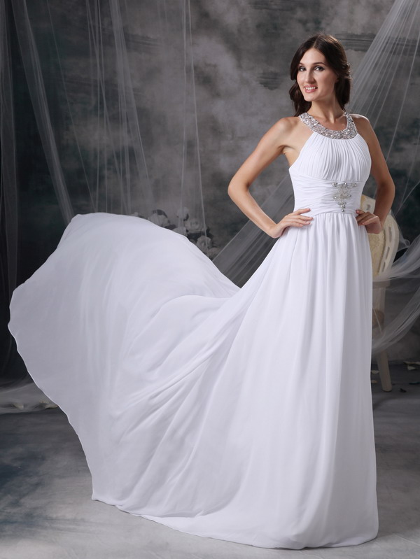 White Empire Scoop Court Train Chiffon Beading and Ruching Wedding Dress