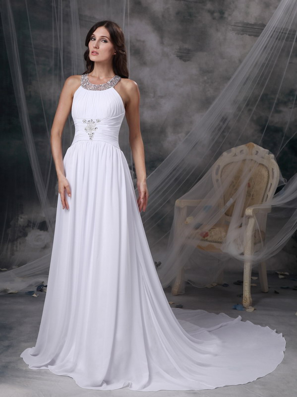 White Empire Scoop Court Train Chiffon Beading and Ruching Wedding Dress