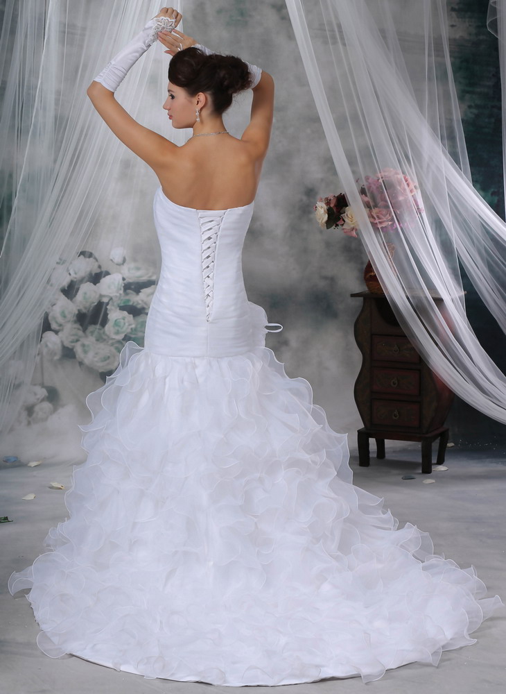 Beautiful Mermaid Strapless Court Train Organza Hand Flowers Wedding Dress