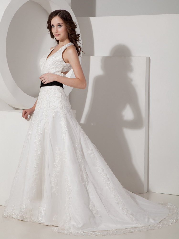 Popular A-line Halter Court Train Satin and Lace Appliques Wedding Dress