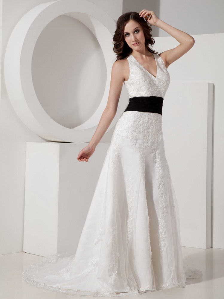 Popular A-line Halter Court Train Satin and Lace Appliques Wedding Dress
