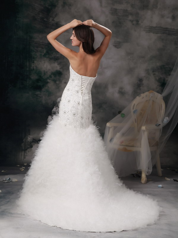 Elegant Mermaid Brush Train Feather Beading Wedding Dress