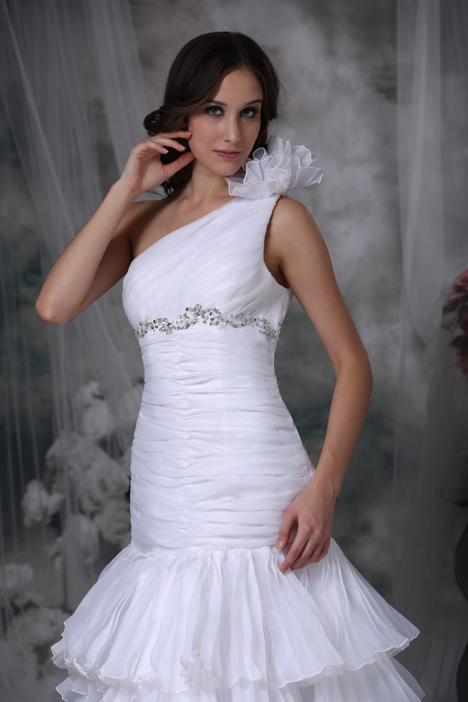 Elegant Mermaid One Shoulder Long Chiffon Beading And Ruched Wedding Dress