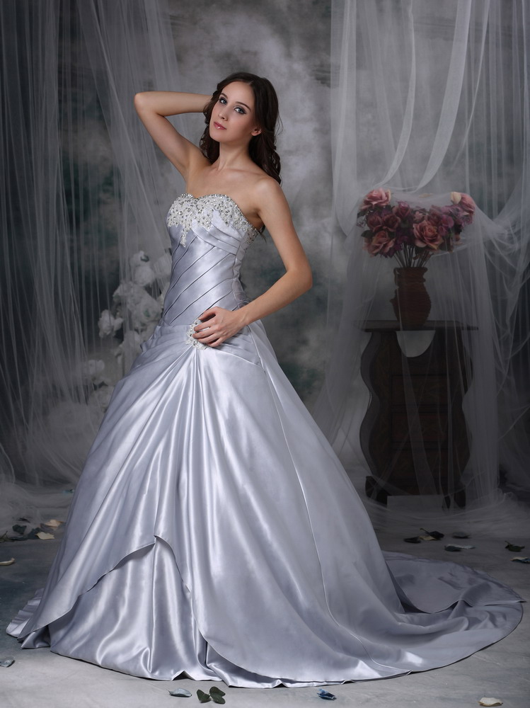 Silver A-line Court TrainTaffeta Beading and Ruched Wedding Dress