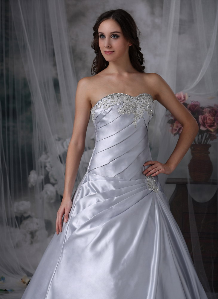 Silver A-line Court TrainTaffeta Beading and Ruched Wedding Dress