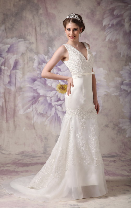Modest A-line V-neck Court Train Taffeta and Organza Lace Wedding Dress