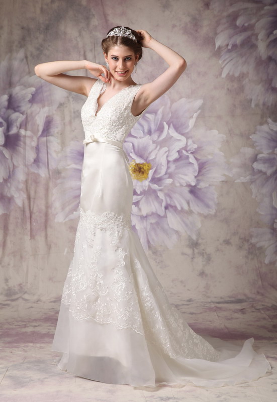 Modest A-line V-neck Court Train Taffeta and Organza Lace Wedding Dress