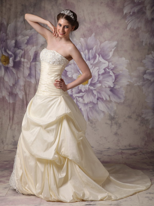 Light Yellow A-line Strapless Brush Train Taffeta and Lace Hand Made Flowers Prom / Evening Dress