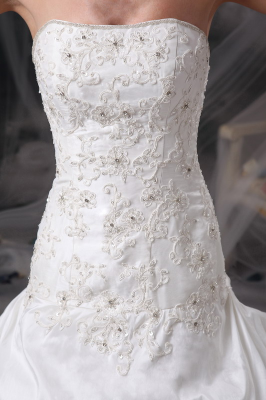 White A-line Strapless Court Train Taffeta Appliques and Lace Wedding Dress