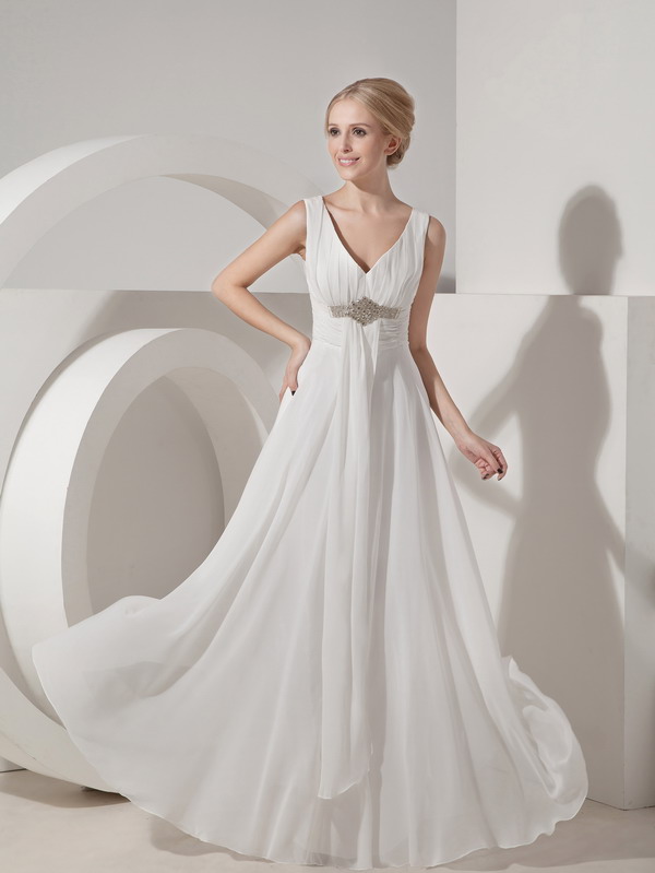 White Empire V-neck Long Chiffon Beading Prom Dress