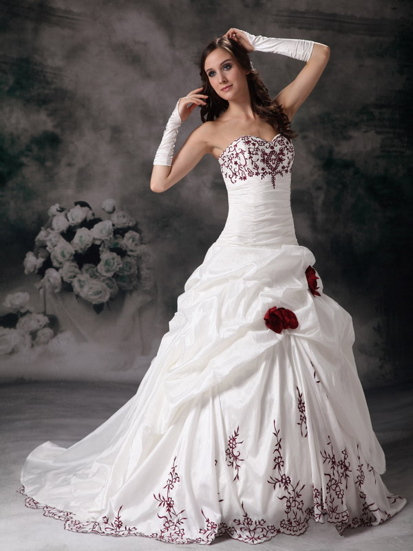 White Ball Gown Brush Train Taffeta Embroidery Quinceanera Dress