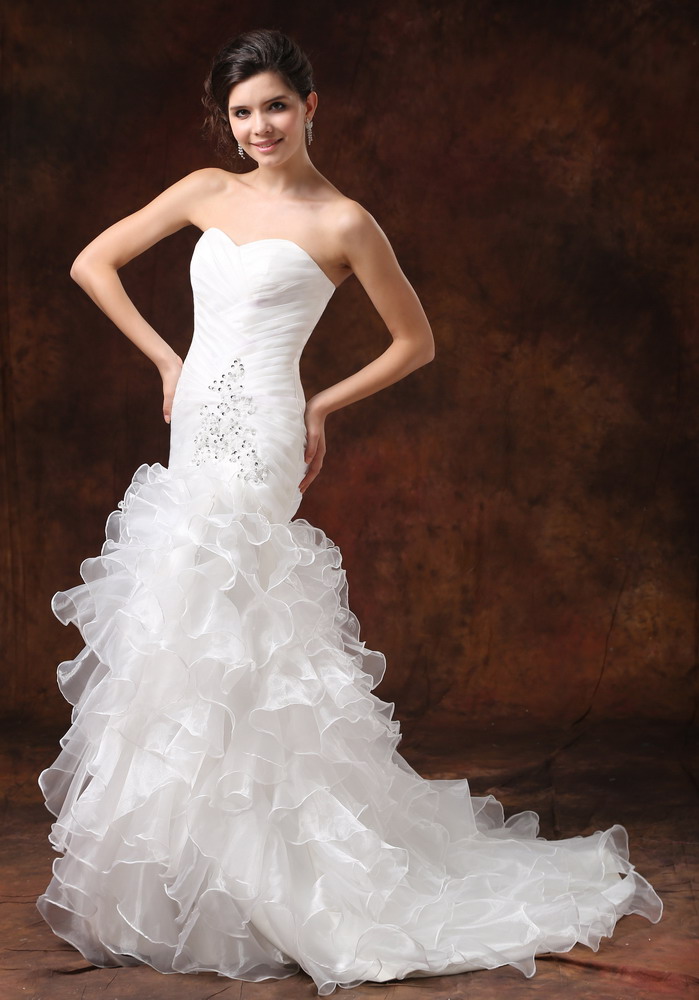 Mermaid Ruched Bodice and Ruffled layers For Modest Wedding Dress With Beading