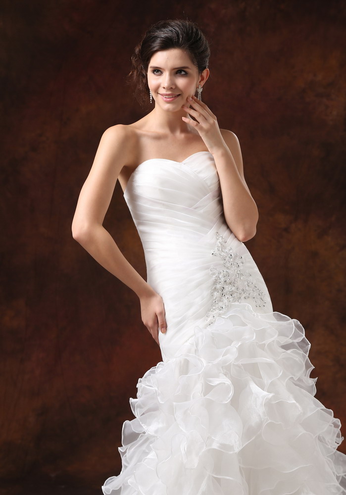 Mermaid Ruched Bodice and Ruffled layers For Modest Wedding Dress With Beading