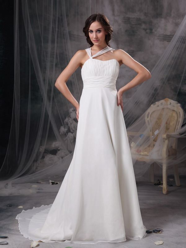 White Empire Asymmetrical Court Train Chiffon Ruching Wedding Dress