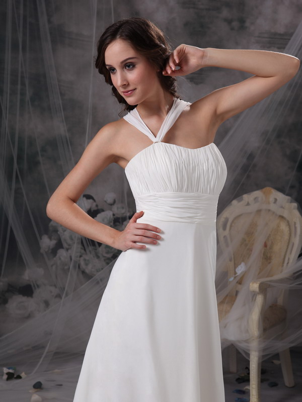 White Empire Asymmetrical Court Train Chiffon Ruching Wedding Dress