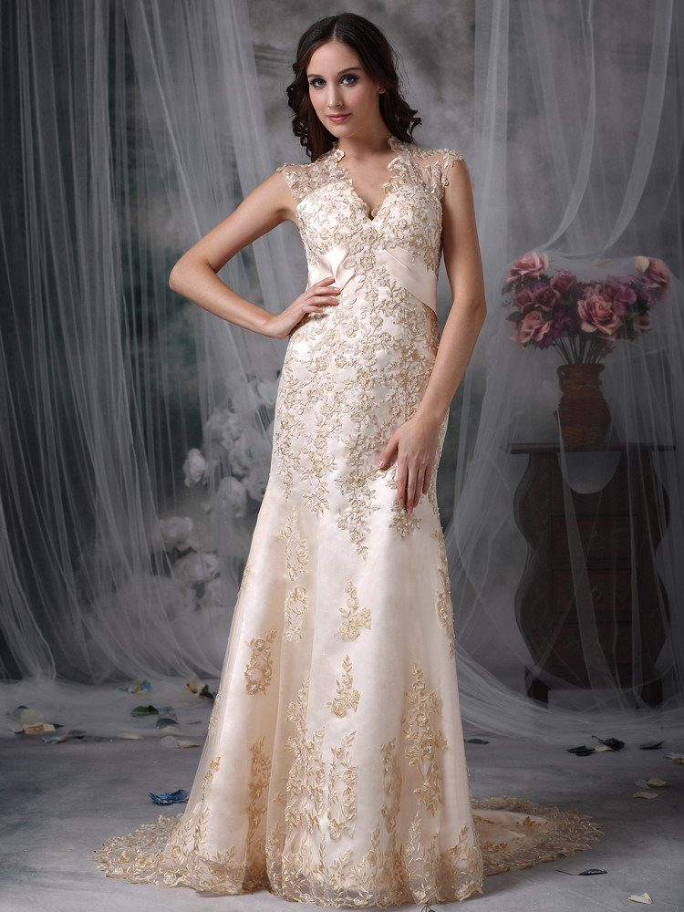 Champagne Mermaid V-neck Brush Train Organza Embroidery Wedding Dress