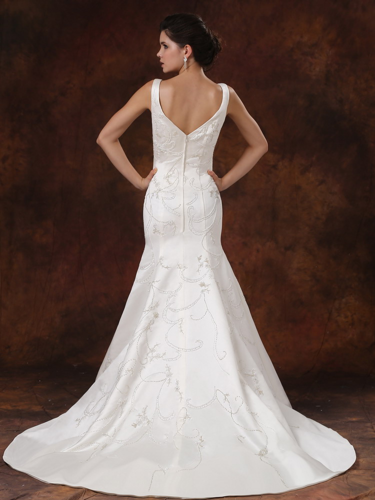 V-neck Embroidery and A-line For Wedding Dress Court Train