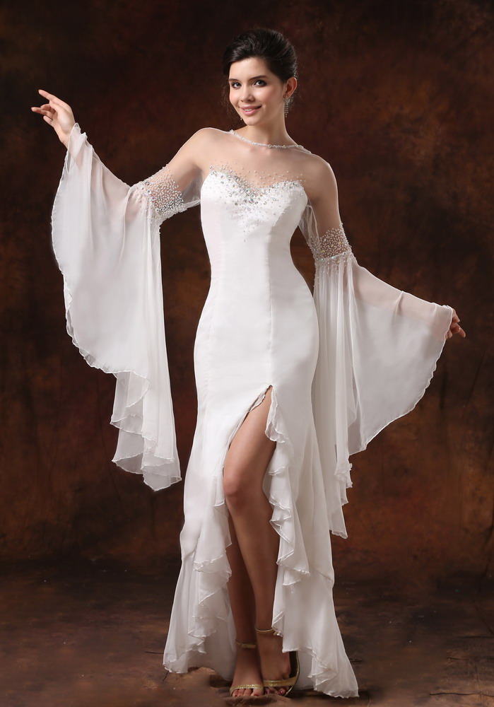 Bateau High Slit Long Sleeves and Beaded For Wedding Dress