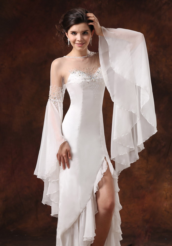 Bateau High Slit Long Sleeves and Beaded For Wedding Dress