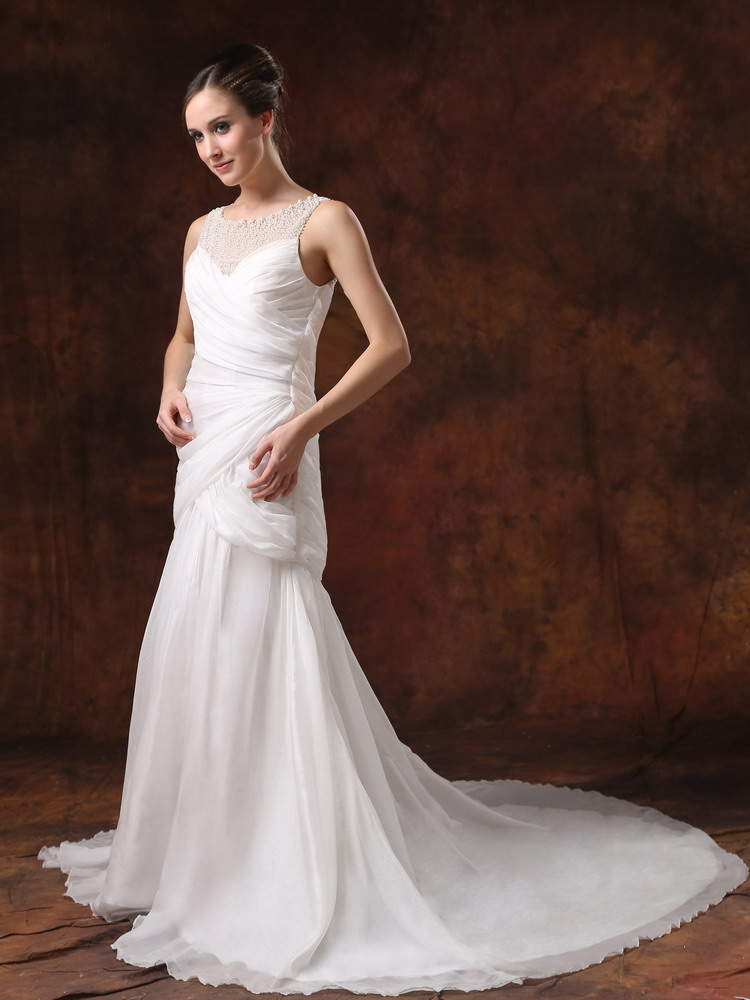 Beaded Decorate Scoop Neckline A-line Chiffon Ruching Court Train Wedding Dress