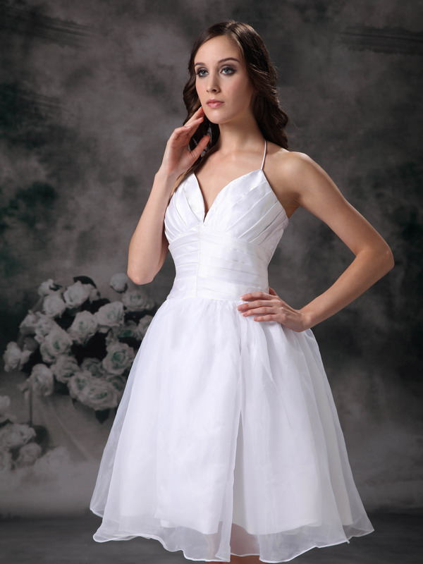 White A-line Halter Mini-length Organza Ruching Prom Dress