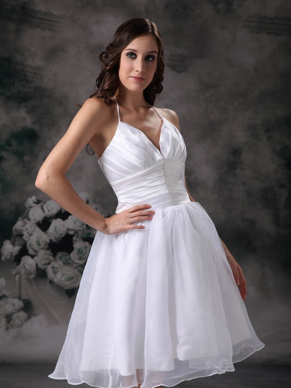 White A-line Halter Mini-length Organza Ruching Prom Dress