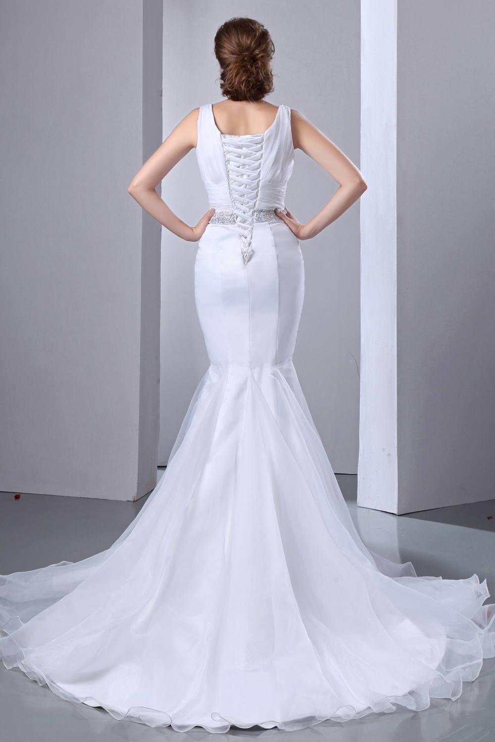 Fashionable Mermaid V-neck Court Train Satin and Organza Bow Wedding Dress