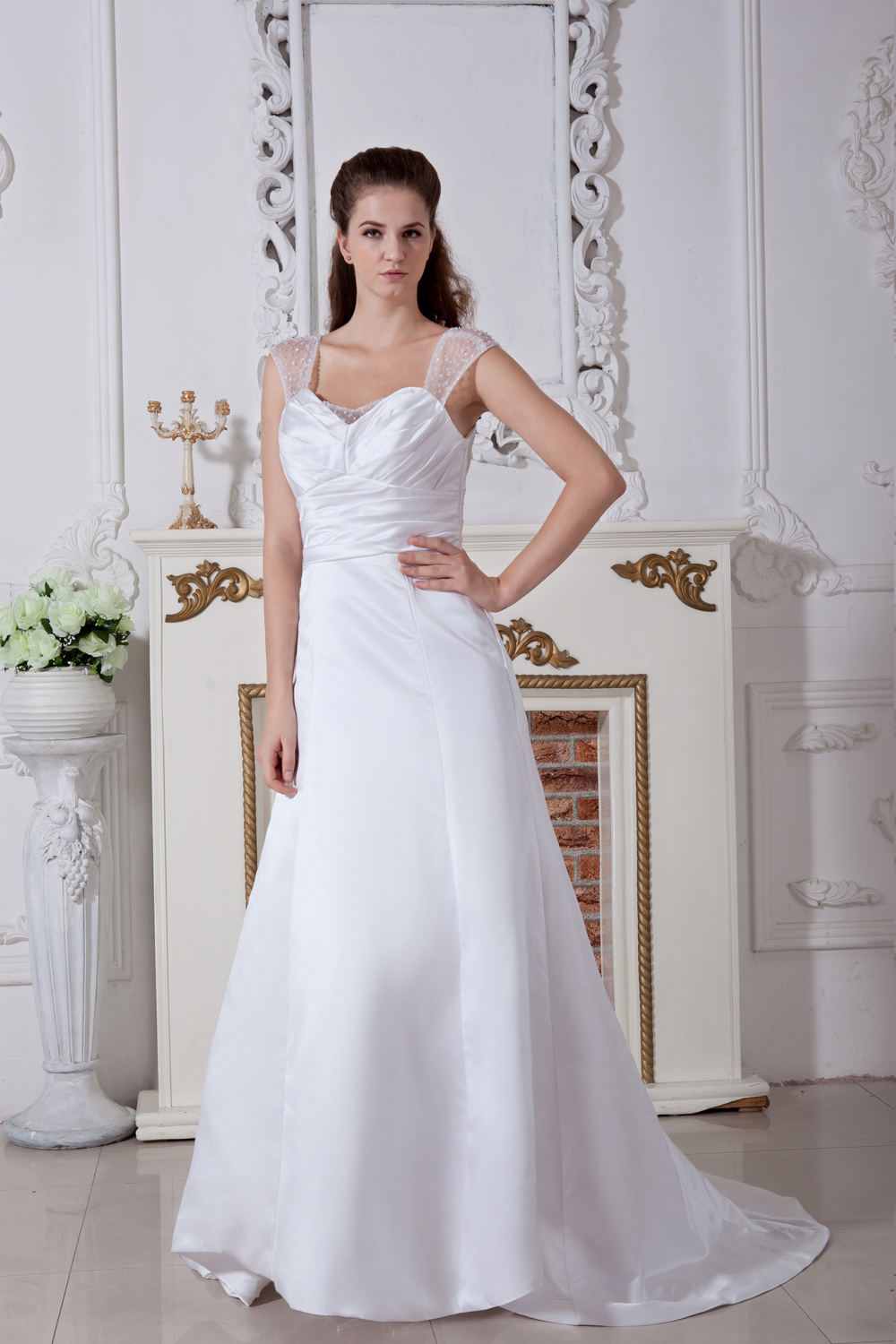 Discount A-line / Princess Straps Court Train Satin Ruching Wedding Dress
