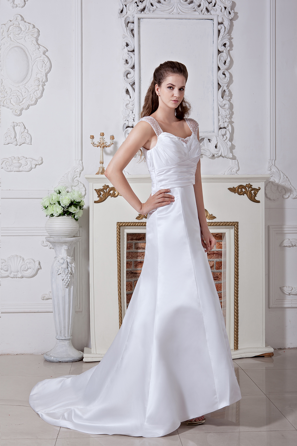 Discount A-line / Princess Straps Court Train Satin Ruching Wedding Dress