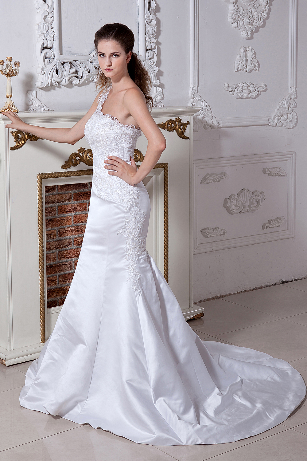 Beautiful Mermaid One Shoulder Court Train Satin Beading and Embroidery Wedding Dress