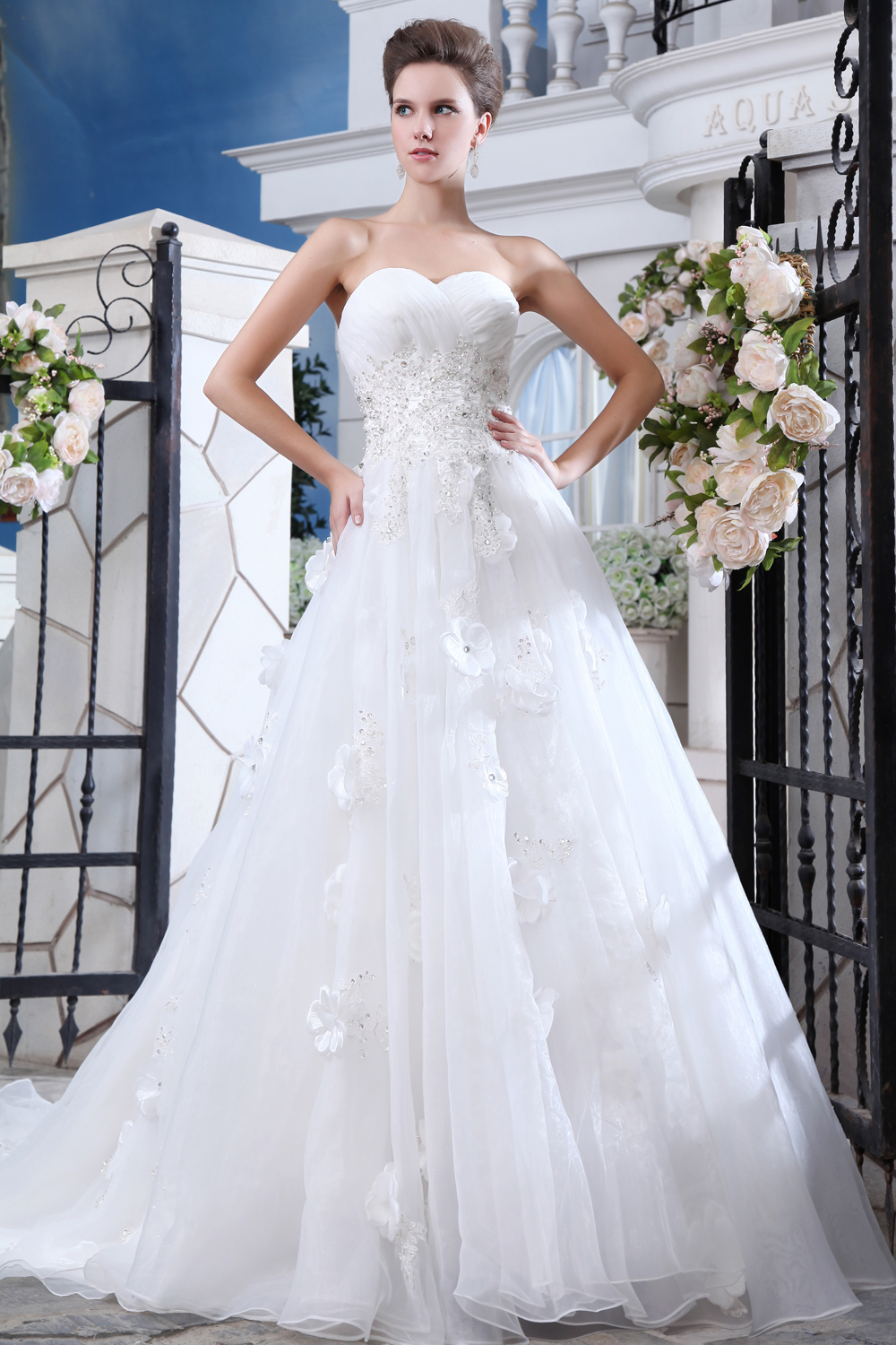 Sweet A-line Court Train OrganzaBeading and Appliques Wedding Dress