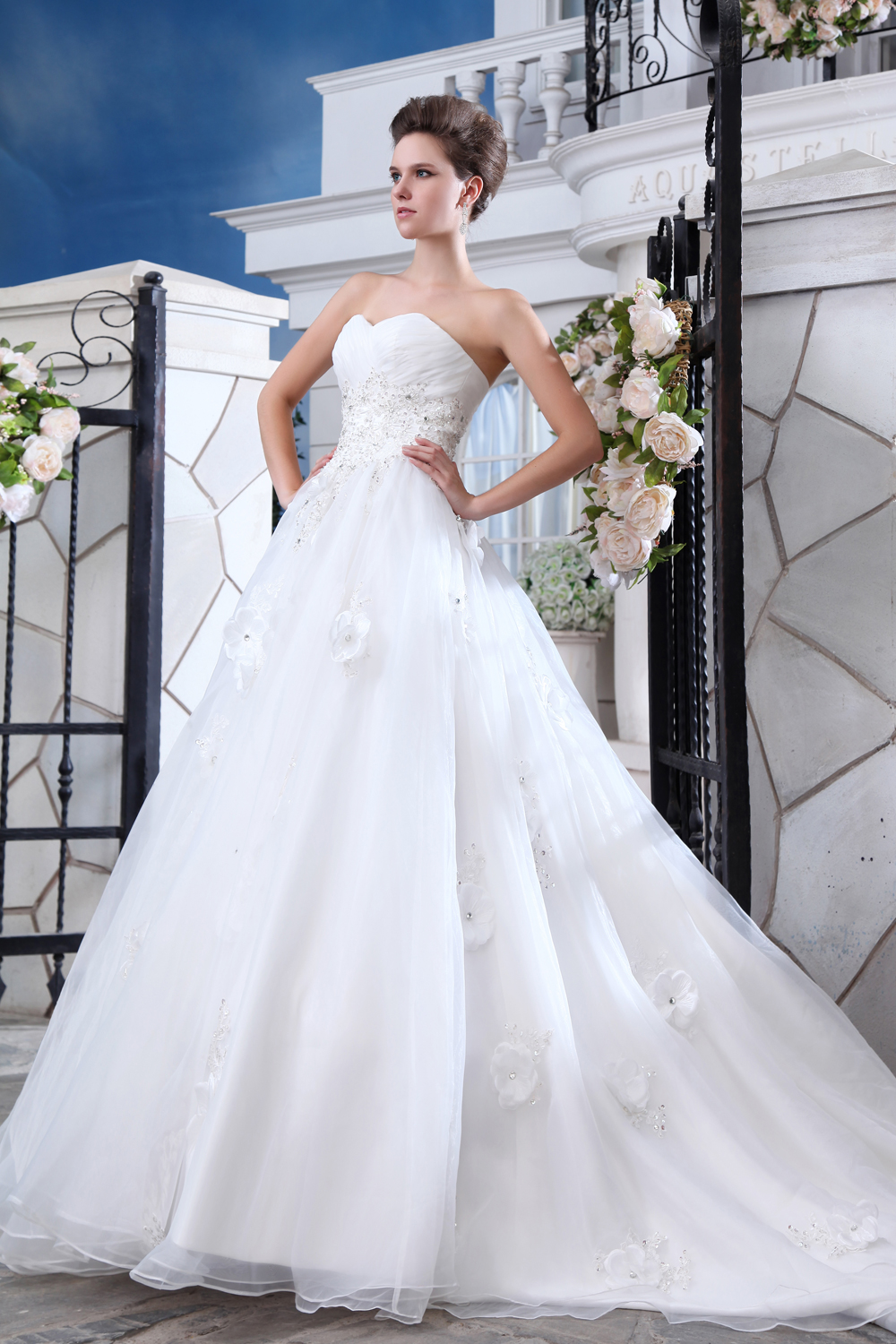 Sweet A-line Court Train OrganzaBeading and Appliques Wedding Dress