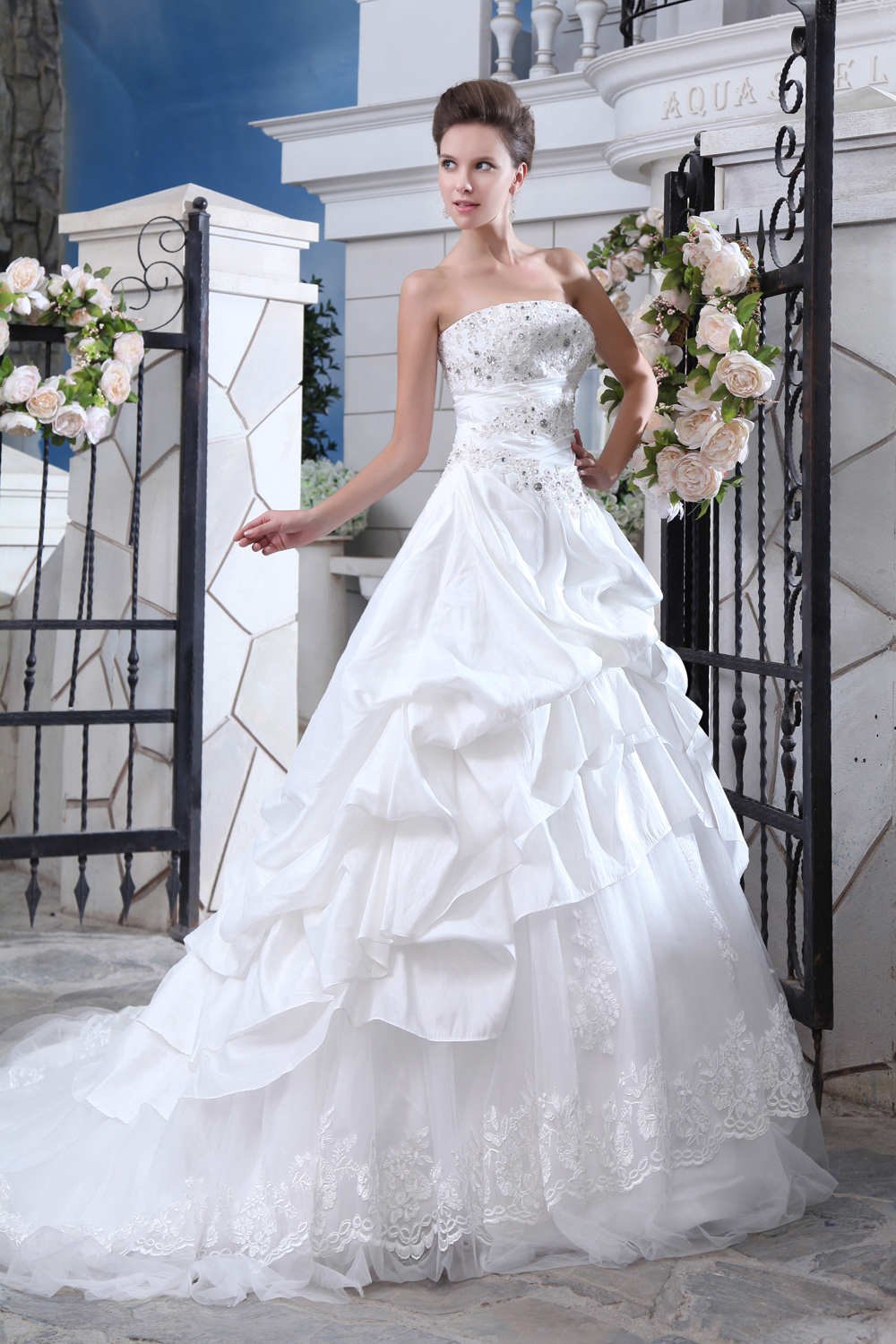Affordable A-line Strapless Court Train Organza Beading and Appliques Wedding Dress
