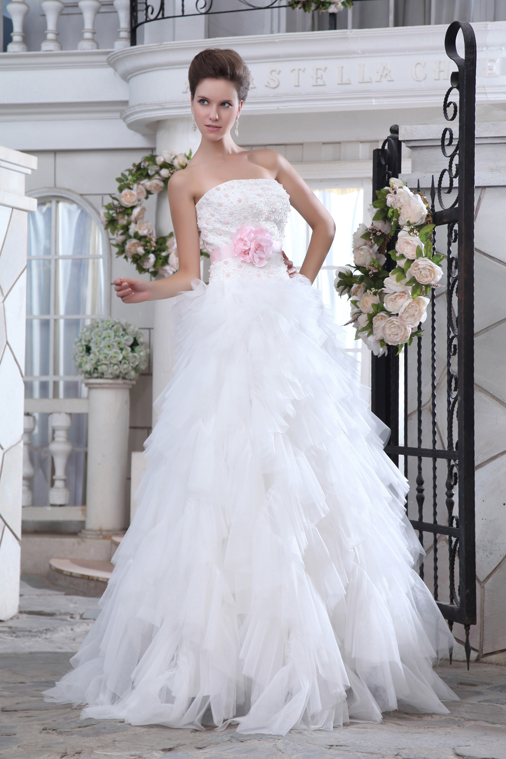 Brand New A-line Strapless Brush Train Tulle Beading and Appliques Wedding Dress