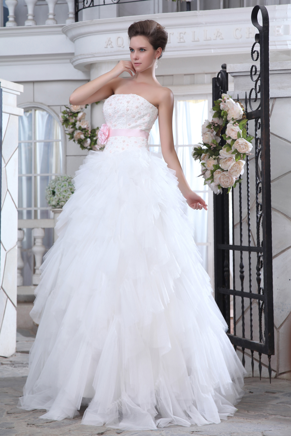 Brand New A-line Strapless Brush Train Tulle Beading and Appliques Wedding Dress