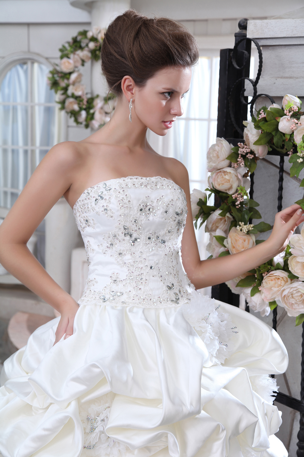 Pretty A-line Strapless Chapel Train Organza Beading and Appliques Wedding Dress