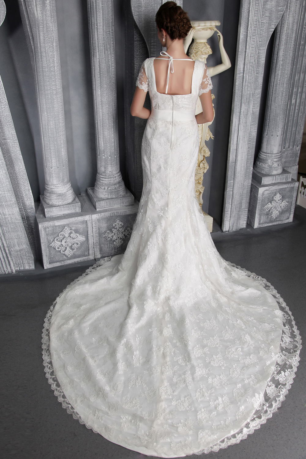Beautiful Column/Sheath V-neck Chapel Train Lace Sash Wedding Dress
