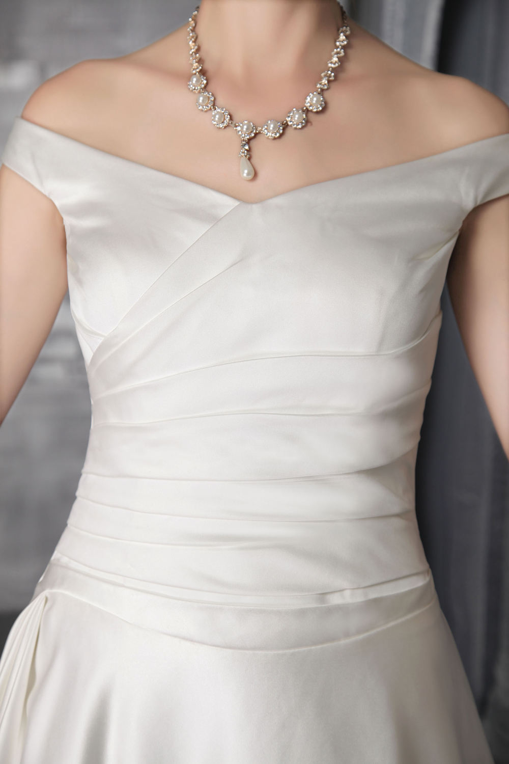 White Column/Sheath Off The Shoulder Court Train Satin Pleat Wedding Dress