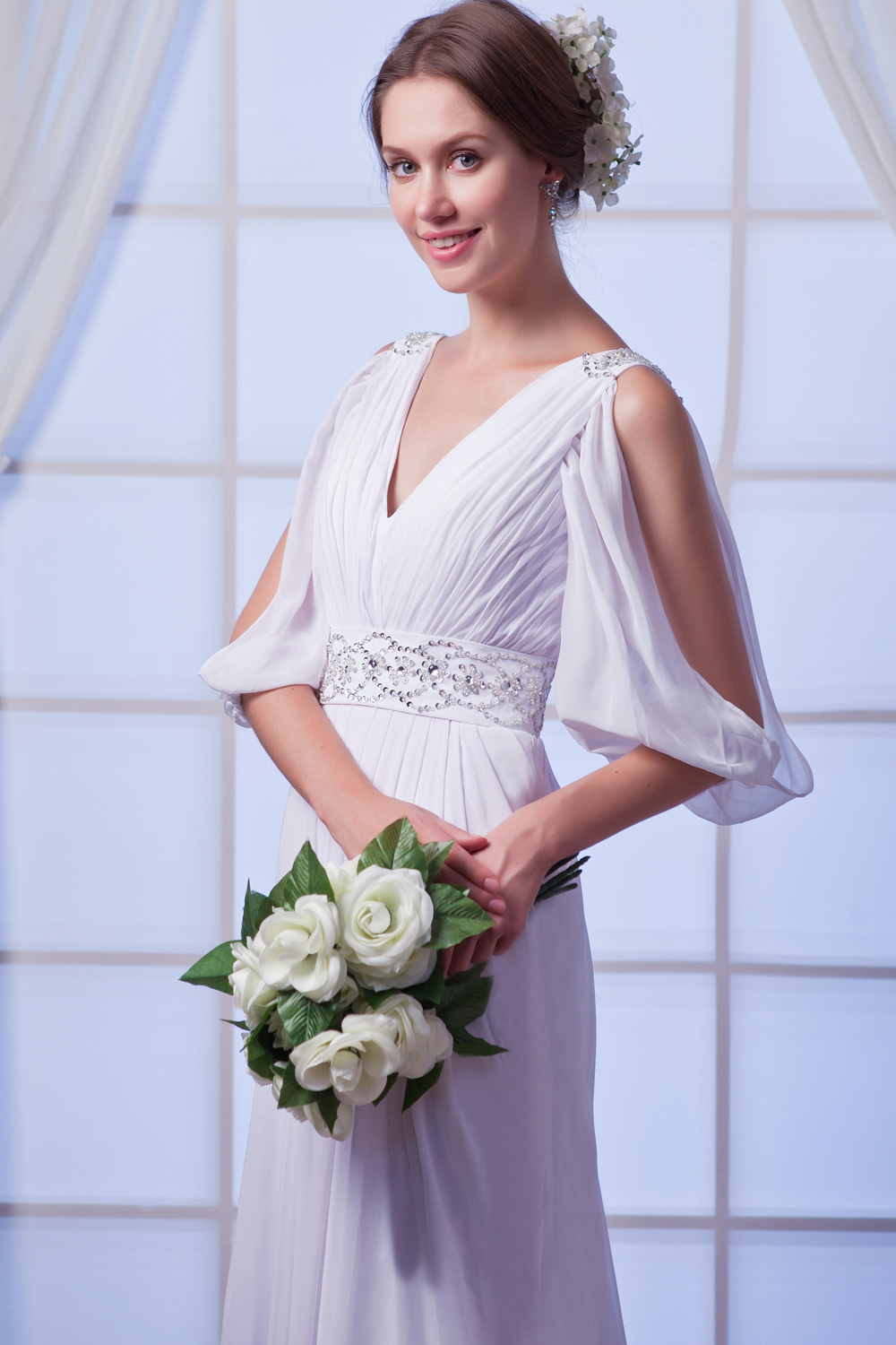 Beautiful Empire V-neck Court Train Chiffon Beading Wedding Dress