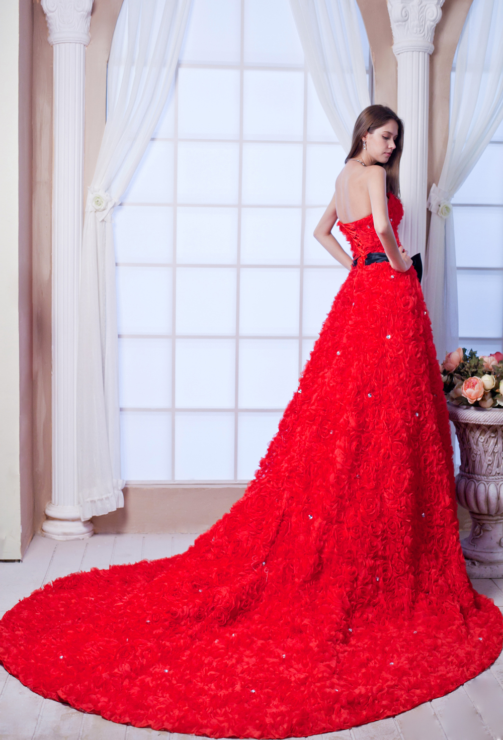Red A-line Strapless Cathedral Train Special Fabric Beading and Sash Wedding Dress