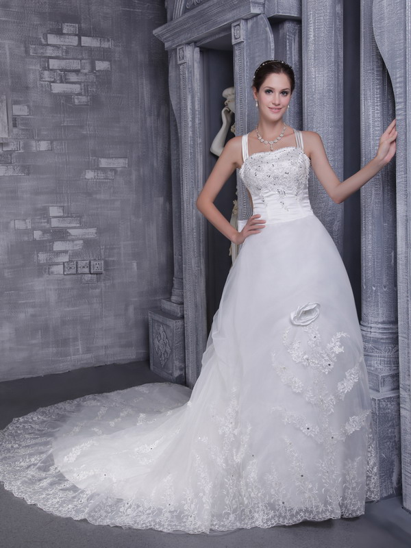 White A-Line / Princess Straps Chapel Train Taffeta and Organza Beading and Appliques Wedding Dress
