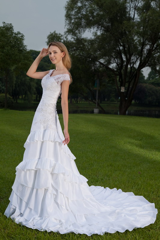 White A-line Off The Shoulder Court Train Taffeta Lace and Ruching Wedding Dress