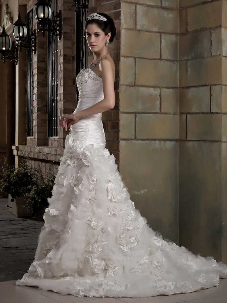 Gorgeous A-line Court Train Taffeta and Tulle Beading Wedding Dress