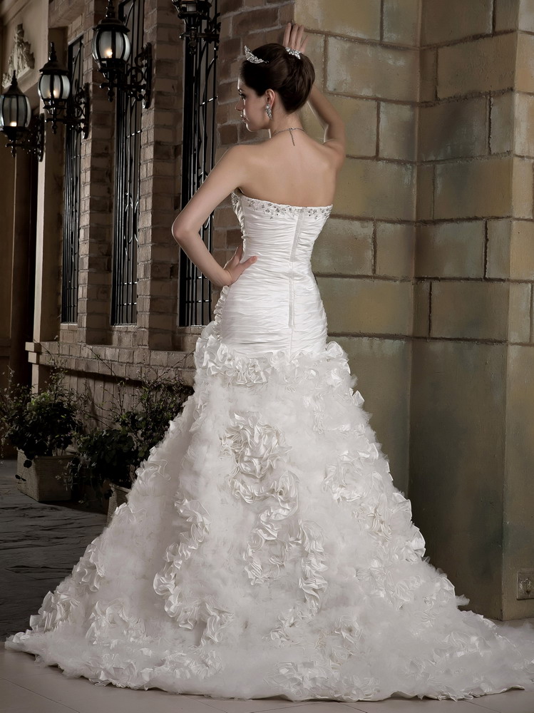 Gorgeous A-line Court Train Taffeta and Tulle Beading Wedding Dress