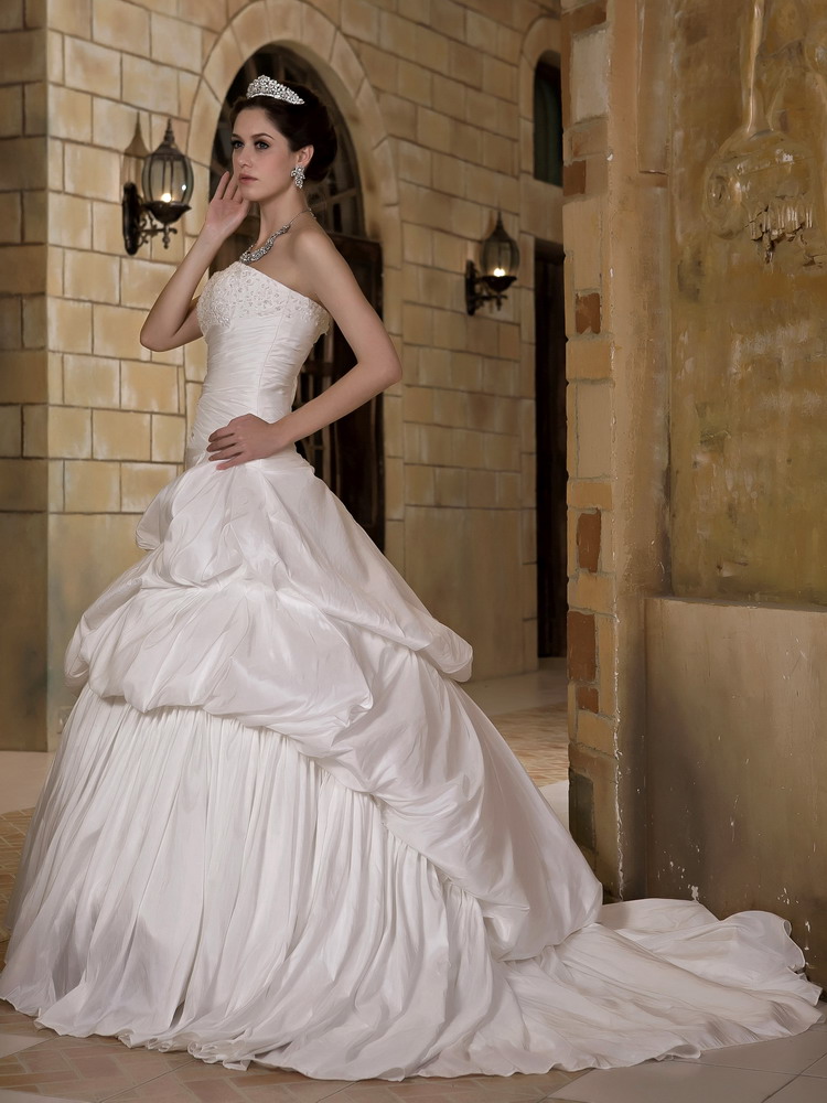 Perfect A-line Strapless Court Train Taffeta Appliques and Pick-ups Wedding Dress