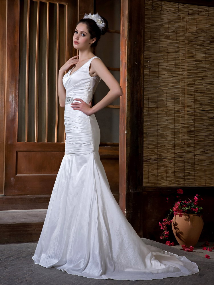 Elegant Mermaid V-neck Brush Train Taffeta Ruching and Beading Wedding Dress