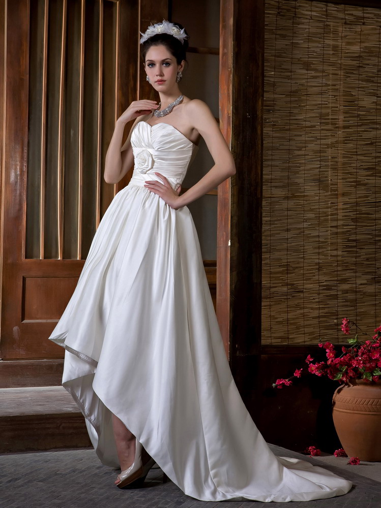 Unique A-line High-Low Taffeta Ruching Hand Made Flowers Wedding Dress