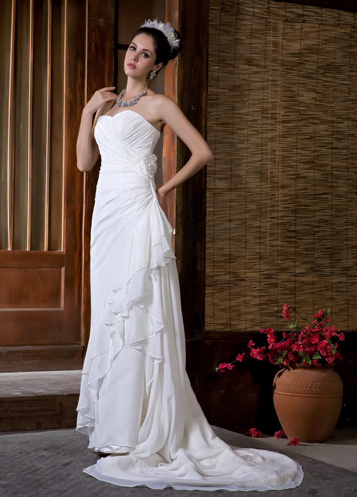 Simple Column Brush Train Chiffon Ruching Wedding Dress