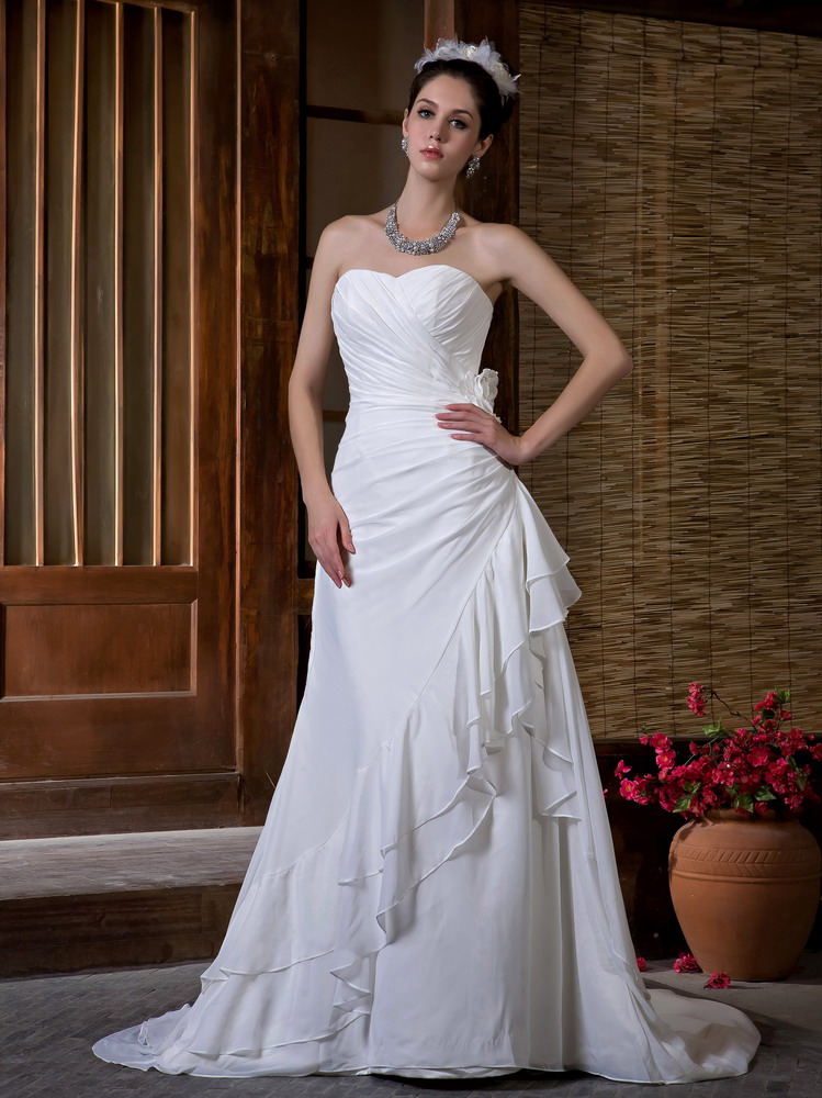 Simple Column Brush Train Chiffon Ruching Wedding Dress