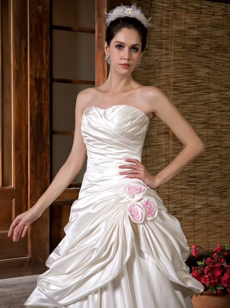 Luxurous A-line Strapless Court Train Taffeta Ruching Hand Made Flowers Wedding Dress